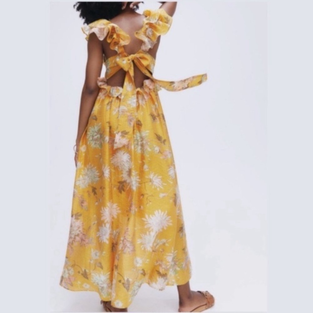 H&M Yellow Floral Ruffle Plunge Open Back Lyocell Midi Dress - Picture 5 of 15